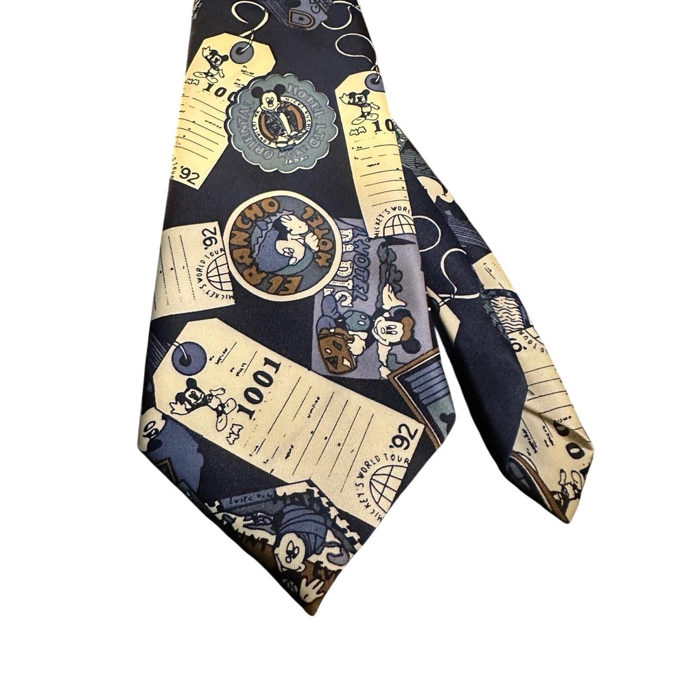 Mercedes High Fashion Mickey Mouse World Tour 92 Vintage Navy Blue Silk Tie hand